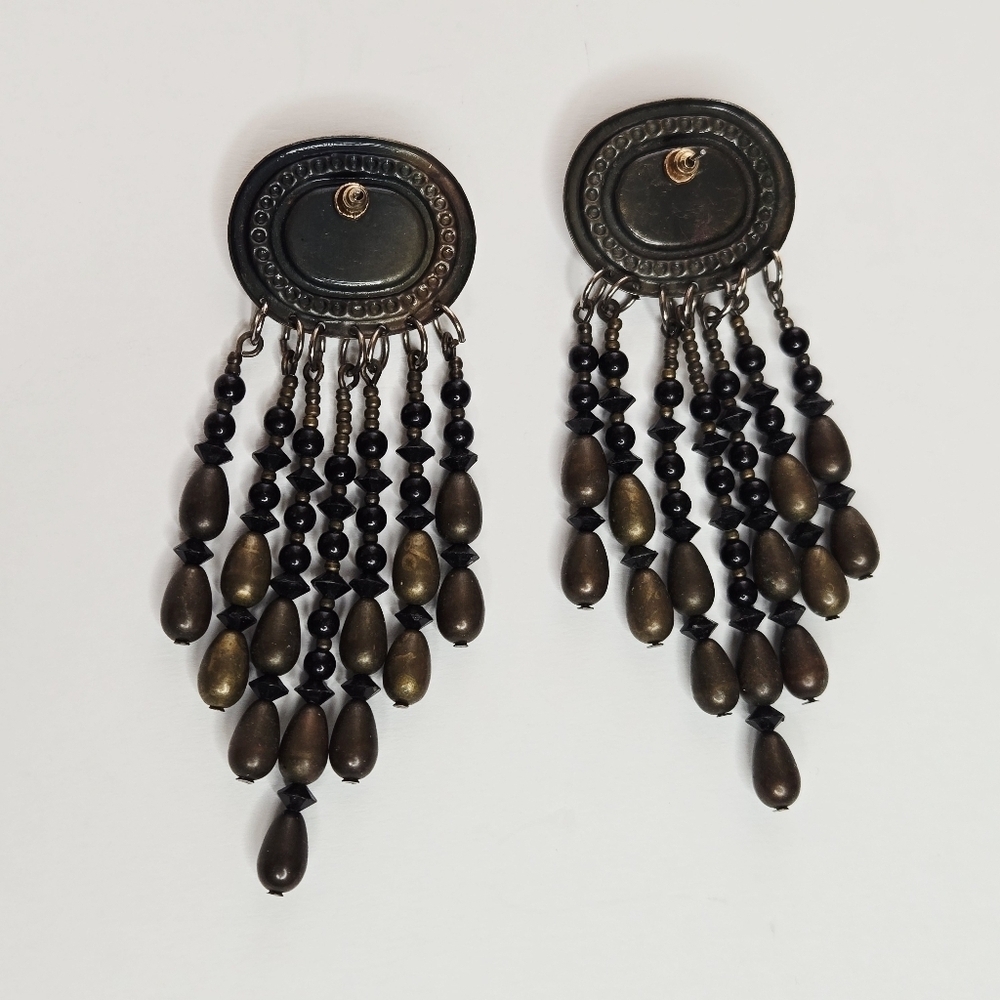 Vintage Black Oval Stone Gold Tone Long Dangle Layered Beaded Earrings - Picture 5 of 5